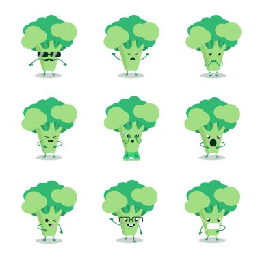 Brokoli çıkartması seti. Sosyal medya ağı, albüm ya da defter çıkartması için sağlıklı yiyecek emojisi. Telefon kılıfı ya da kumaş baskı sanatı. Çizgi film stili düz vektör çizimi. Farklı aksiyon duygularında sevimli brokoli karakterleri.