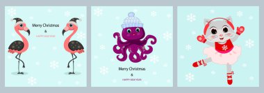 Sevimli hayvanlar kart şablonları dizayn ediyor. Tebrik kartları, parti davetiyeleri, posterler, çıkartmalar, broşürler, kupürler, ikonlar için mükemmel. Vektör illüstrasyonu. Mutlu Noeller ve Mutlu Yıllar.