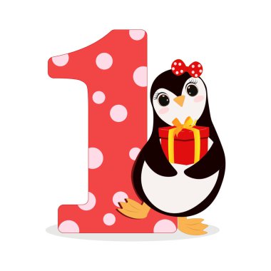 Sevimli penguenlerle bir numara. Vektör çizimi. Tebrik kartları, parti davetiyeleri, posterler, çıkartmalar, broşürler, kupürler, simgeler için mükemmel..