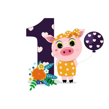 Bir numara ve balonlu domuz. Tebrik kartları, parti davetiyeleri, posterler, çıkartmalar, broşürler, kupürler, simgeler için mükemmel..