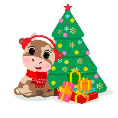 Hediye kutusu olan şirin, küçük bir boğa çizimi. Tebrik kartları, parti davetiyeleri, posterler, çıkartmalar, broşürler, kupürler, ikonlar için mükemmel. Vektör illüstrasyonu. Mutlu Noeller..