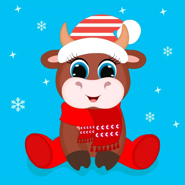 Dibujos Animados Navidad Vector Lindo Toro Ilustración Sombrero Santa Símbolo — Vector de stock