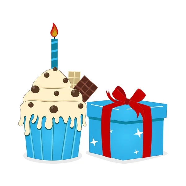 Födelsedag Cupcake Med Ljus Och Presentask Perfekt För Gratulationskort Fest — Stock vektor