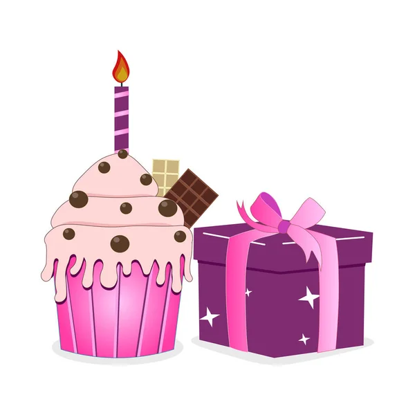 Födelsedag Cupcake Med Ljus Och Presentförpackning För Flicka Perfekt För — Stock vektor