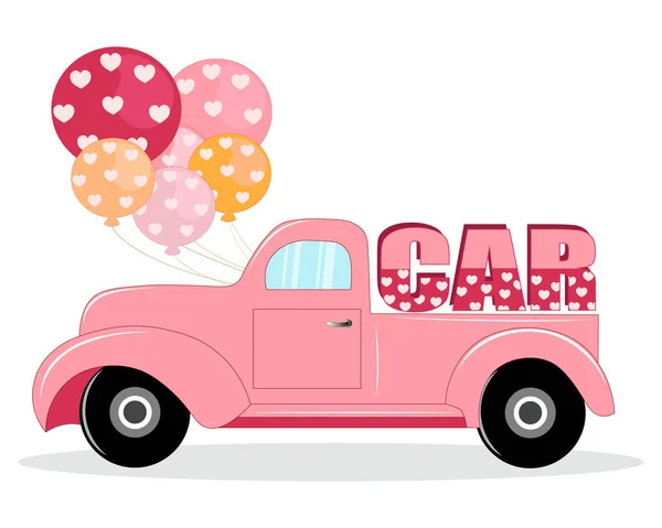 Illustration Vectorielle Une Camionnette Rose Avec Ballons Une Voiture Lettres — Image vectorielle