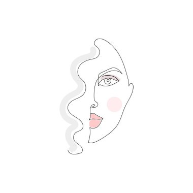 Kadın sürekli çizgi çiziyor. Soyut, minimal kadın portresi. Logo, simge, etiket. Vektör illüstrasyonu