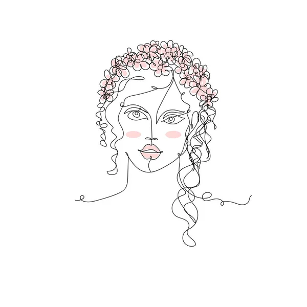 Красивая Девушка Розовыми Цветами Одна Линия Рисунок Непрерывной Линии Рисунок — стоковый вектор