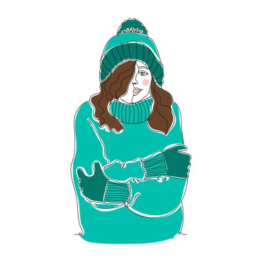 Soğuk hava. Şirin kız, bir çizgi çiziyor. Vektör illüstrasyonu sürekli çizgi çizimi.