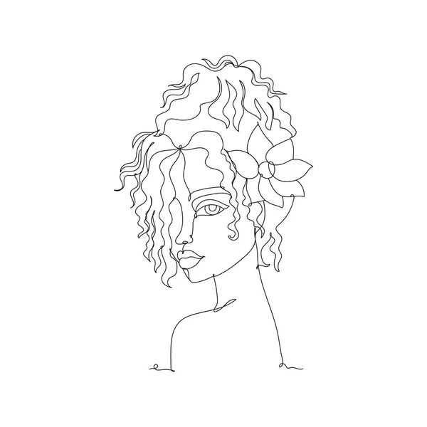 Hermosa Chica Rizada Dibujo Una Línea Dibujo Línea Continua Ilustración — Vector de stock