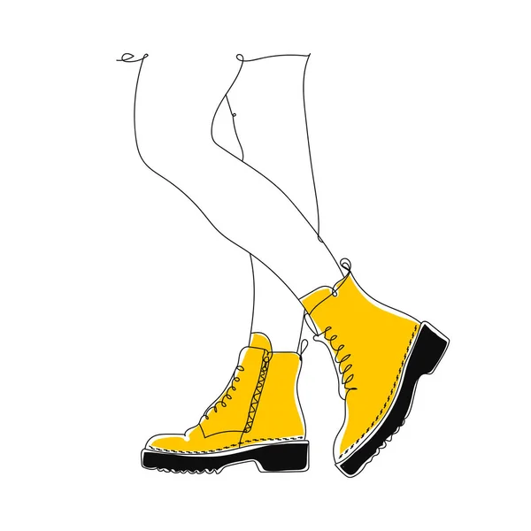 Las Mujeres Los Zapatos Invernales Amarillos Dibujo Una Línea Dibujo — Vector de stock