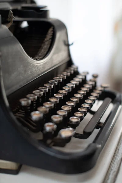 Black Typewriter Russian Alphabet Vintage Device Typing Tool Work Writer — Stock Photo, Image
