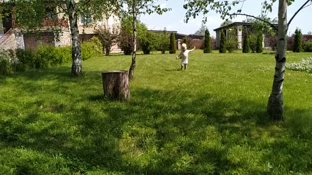 鳥の間の草の上を裸足で走るスローモーションの少年 — ストック動画