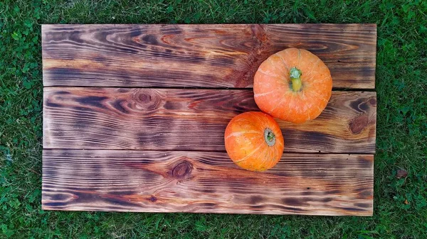 Zwei kleine Kürbisse auf einem hölzernen Hintergrund. Farben des Herbstes — Stockfoto