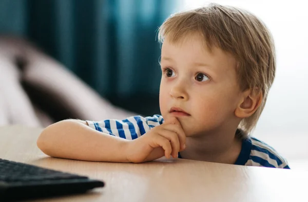 Bir çocuk, mavi ceketli bir çocuk, evde bir masada oturuyor, bir dizüstü bilgisayara bakıyor, çevrimiçi öğreniyor, internet üzerinden evde öğreniyor. Teknoloji, okul, bilgi.