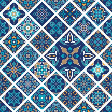Vektör sorunsuz doku. Mozaik patchwork süsleme rhombus çinileri ile. Portekizce azulejos dekoratif desen. Oryantal tarzı süs kare tasarım