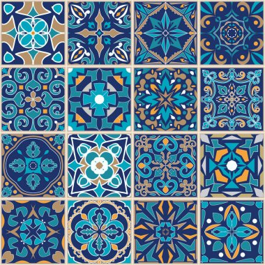 Kare kiremitli vektör mozaik yama süsü. Kusursuz bir doku. Portekizli azulejos dekoratif desen. Doğu tarzında dekoratif kare tasarımı