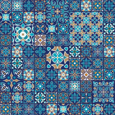 Kare kiremitli vektör mozaik yama süsü. Kusursuz bir doku. Portekizli azulejos dekoratif desen. Doğu tarzında dekoratif kare tasarımı