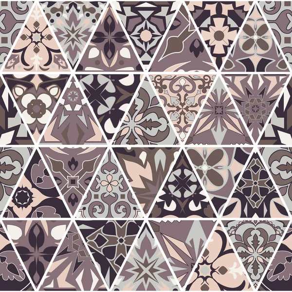 Vektor Bezešvá Textura Mozaika Patchworková Ozdoba Prvky Trojúhelníku Portugalské Azulejos — Stockový vektor