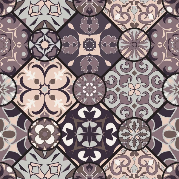 Vektor nahtlose Textur. Mosaik-Patchwork-Ornament mit Rautenfliesen. Portugiesischer Azulejos — Stockvektor