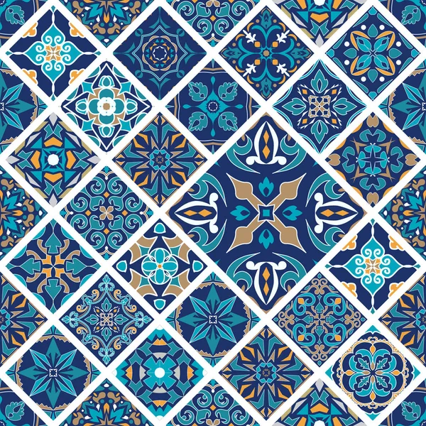 Vektor Nahtlose Textur Mosaik Patchwork Ornament Mit Rautenfliesen Portugiesische Azulejos — Stockvektor