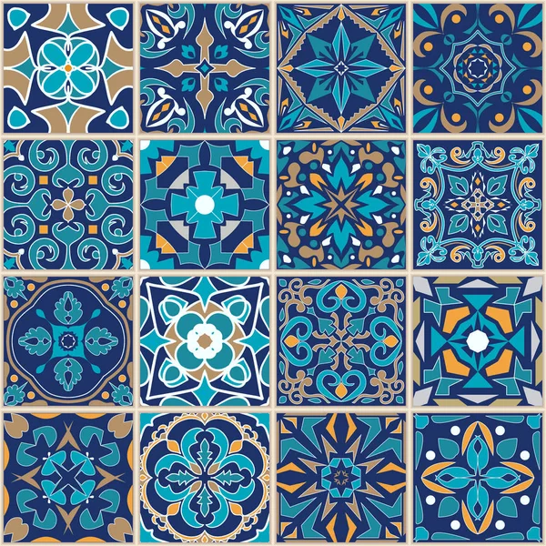 Vector Mosaic Patchwork Ornament Square Tiles Seamless Texture Portuguese Azulejos — Stock Vector