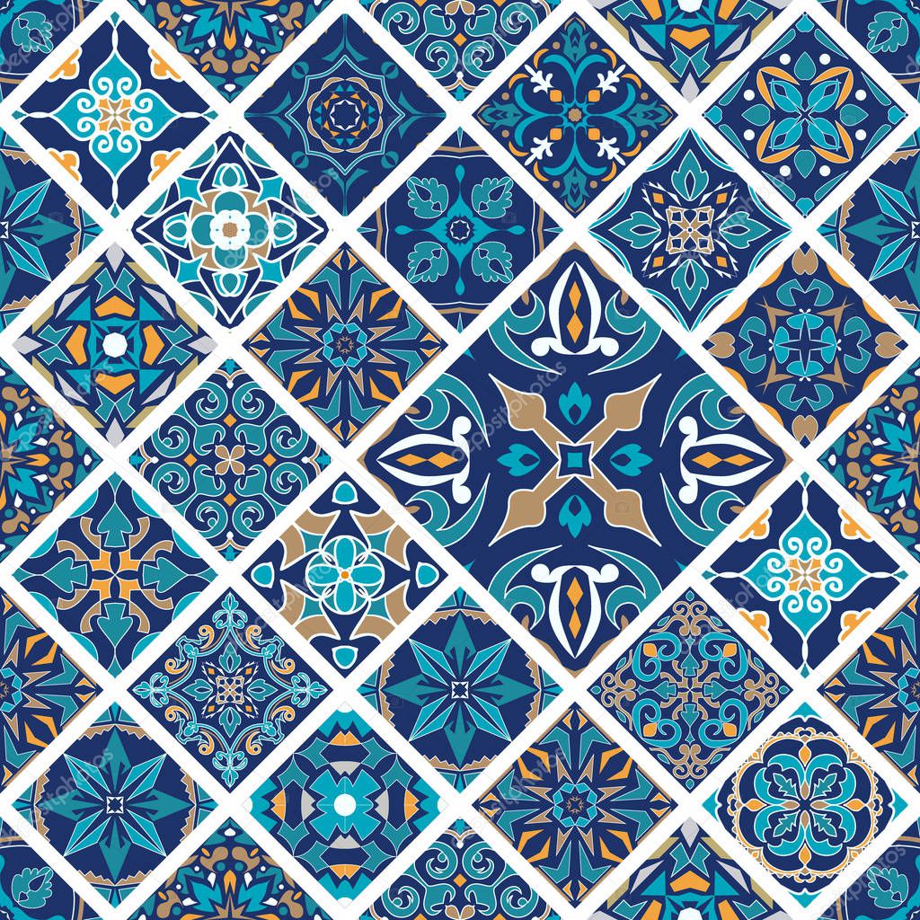 Vector seamless texture. Mosaic patchwork ornament with rhombus tiles. Portuguese azulejos decorative pattern. Ornamental square design in oriental style