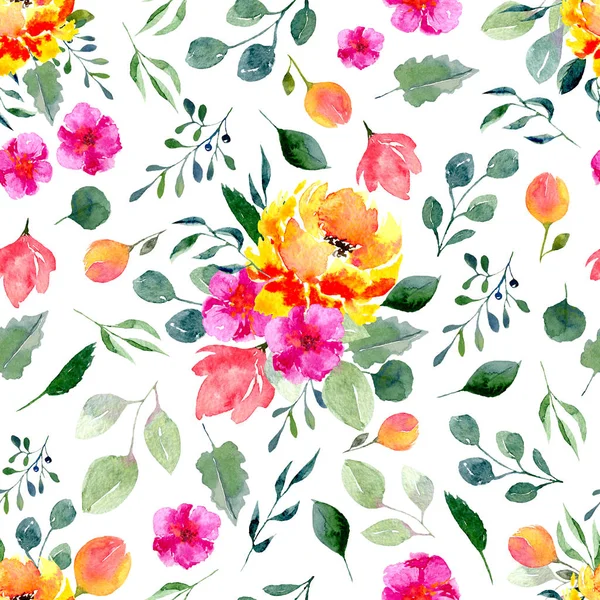 Seamless texture of watercolor flowers and leaves. Bright summer print with foliage and floral elements