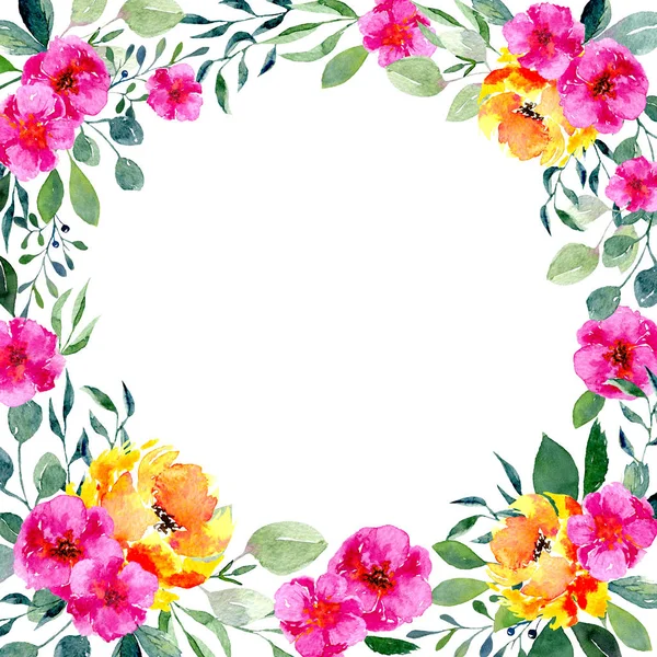 Aquarel bloemen frame. Achtergrond met frisse lente gebladerte, heldere bloemen en plaats voor tekst — Stockfoto