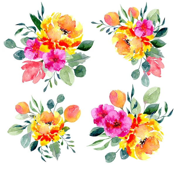 Uppsättning av akvarell blomsterarrangemang. Samling av naturliga handritad utskrifter med blommor och blad — Stockfoto
