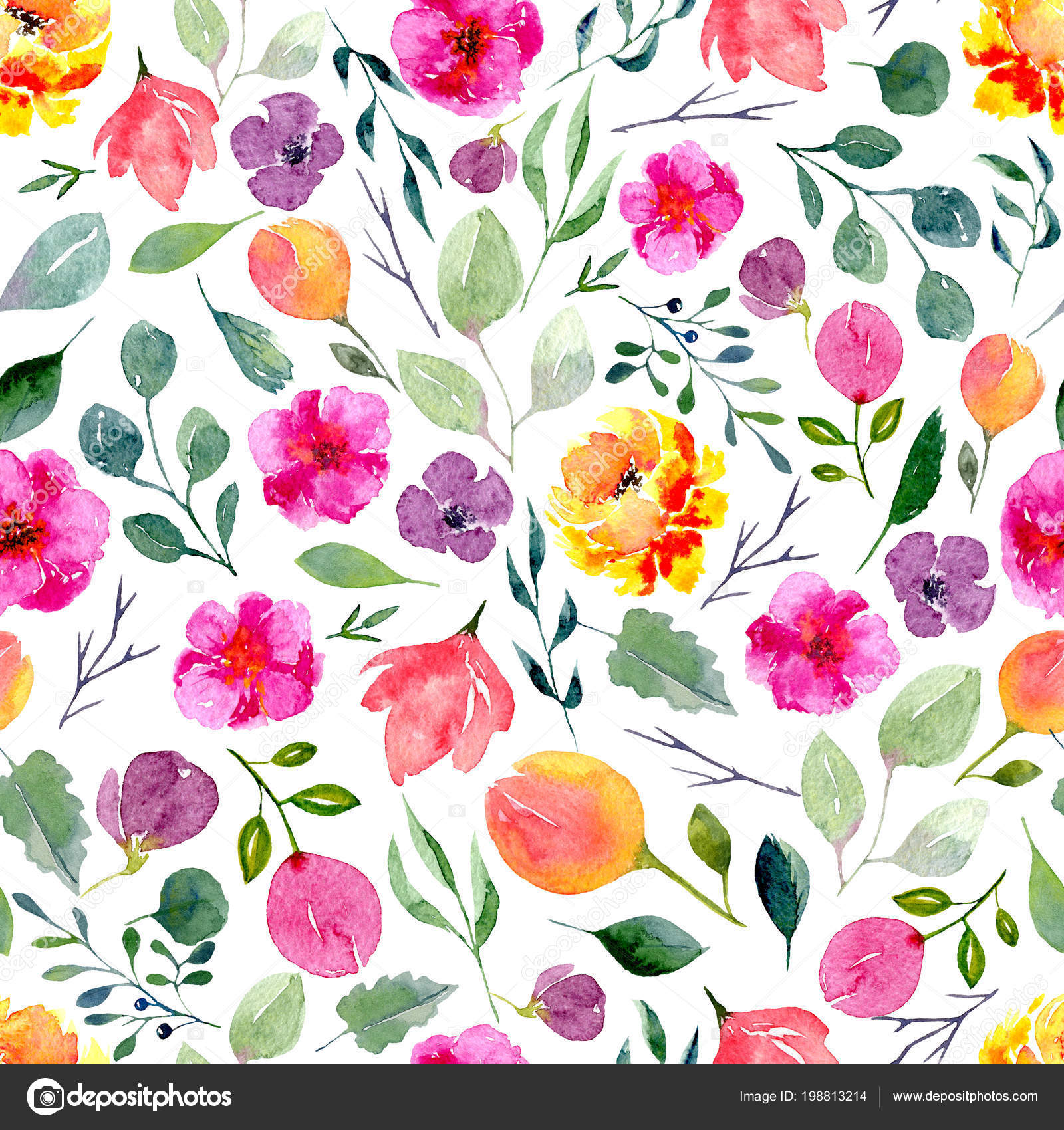 Бесшовная текстура акварельных цветов и листьев. Яркая летняя печать с ...