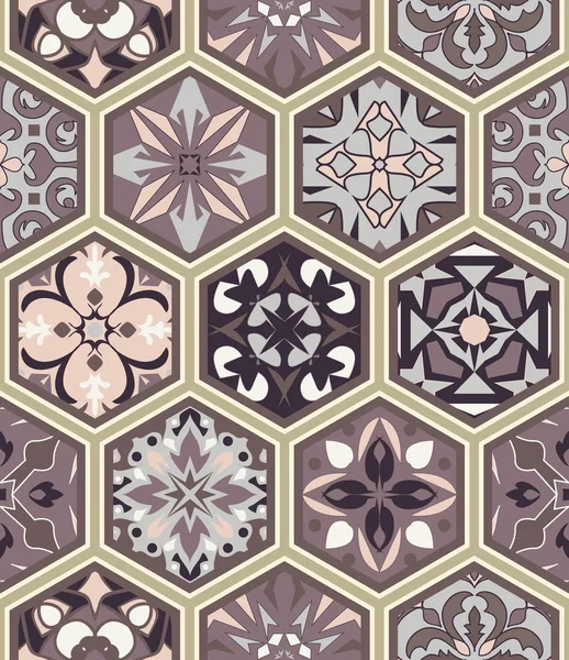 Textura sin costura vectorial. Mosaico adorno mosaico con azulejos de hexágono. Patrón decorativo azulejos portugueses — Vector de stock