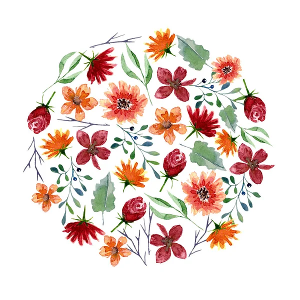 Modello rotondo di fiori e foglie ad acquerello. Stampa autunnale brillante a forma di cerchio con elementi floreali — Foto Stock