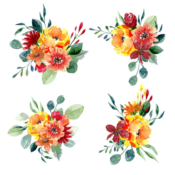 Conjunto de arreglos florales de acuarela. Colección de estampados naturales hechos a mano con flores y hojas — Foto de Stock