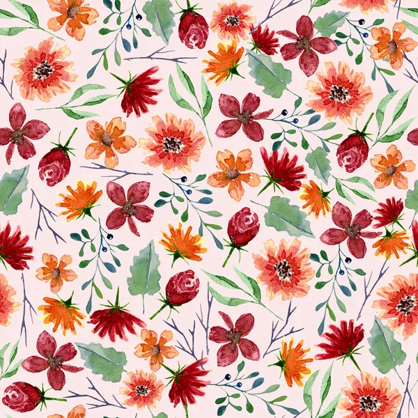 Textura perfecta de las flores de acuarela. Estampado de otoño brillante con elementos florales y follaje — Foto de Stock