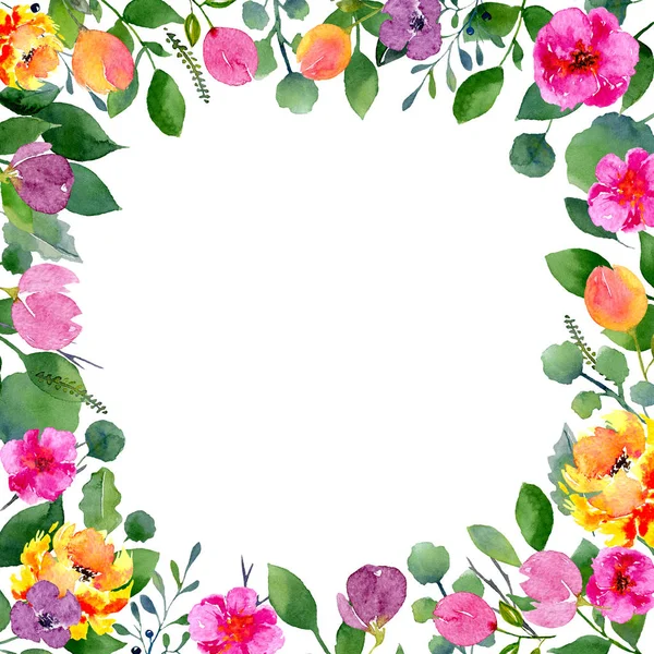 Marco floral de acuarela. Fondo con follaje fresco de primavera, flores brillantes y lugar para el texto — Foto de Stock