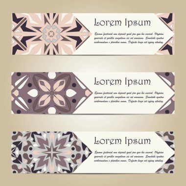 İş ve davet için renkli yatay afiş vektör ayarlayın. Portekizce, Azulejo, Fas; Arapça; Asya süsler