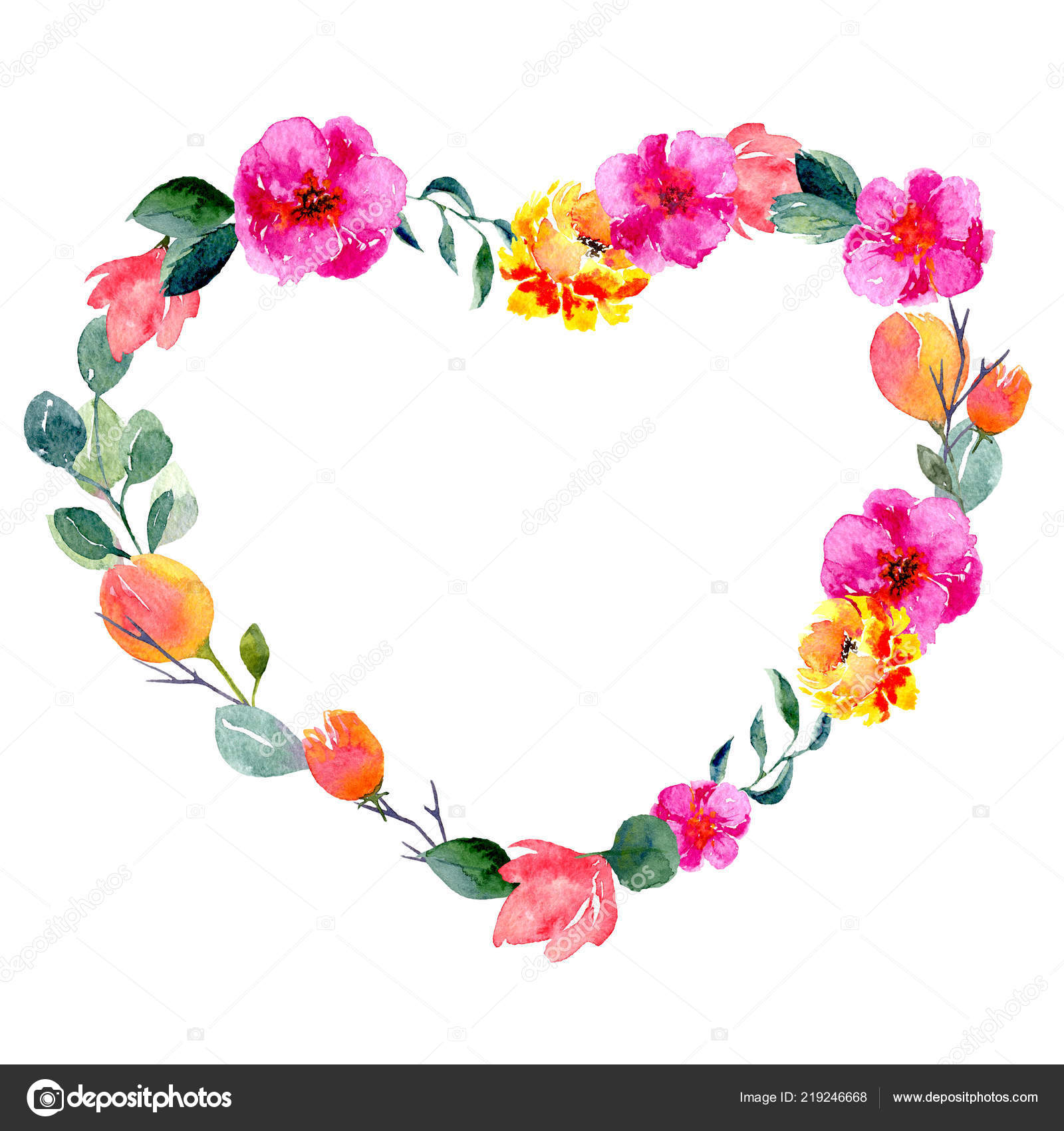 Cadre floral aquarelle en forme de coeur. Fond avec feuillage frais, fleurs  vives et place pour le texte — Illustration de stock par ©Yulia-Lelekova -  219246668, image size:1600x1700