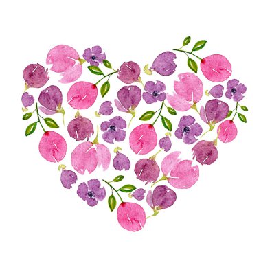 Çiçek ve yaprak suluboya desen. Parlak yaz çiçek elemanları ile kalp şeklinde yazdırma