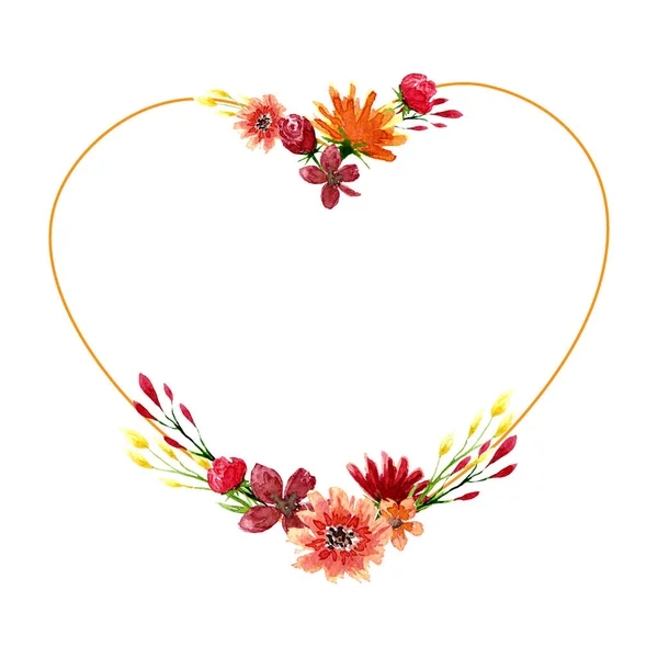 Ram med akvarell blommor i hjärta form. Bakgrund med blommiga inslag och plats för text — Stockfoto