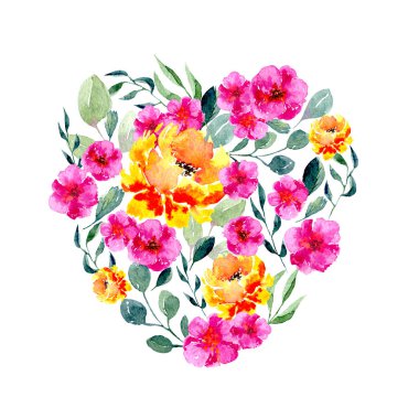 Çiçek ve yaprak suluboya desen. Parlak yaz çiçek elemanları ile kalp şeklinde yazdırma