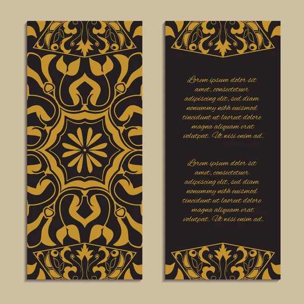 Vektor-Set aus bunten vertikalen Bannern für Unternehmen und Einladungen. spanische, marokkanische; arabische; asiatische Mosaikornamente in goldener Farbe — Stockvektor