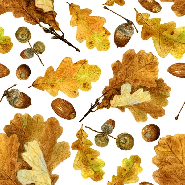 Textura inconsútil de las hojas de roble de caída de acuarela y bellotas. Estampado de otoño brillante con elementos naturales —  Fotos de Stock