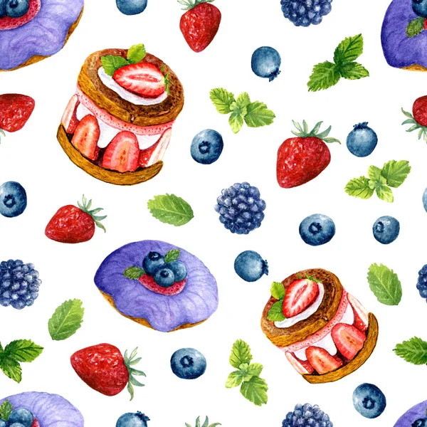 Tekstur mulus dari makanan penutup cat air dan berry. Cetakan terang dengan elemen makanan — Stok Foto