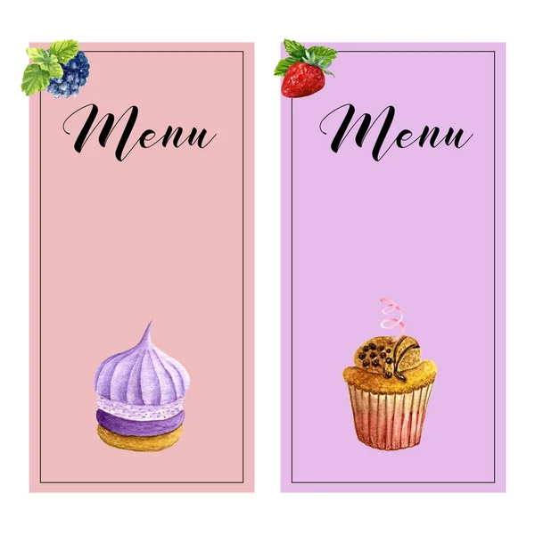 Set of two vertical menu templates with watercolor sweet desserts, mint and place for text. Collection of cards with cupcake, biscuit and berries — Stock Photo, Image