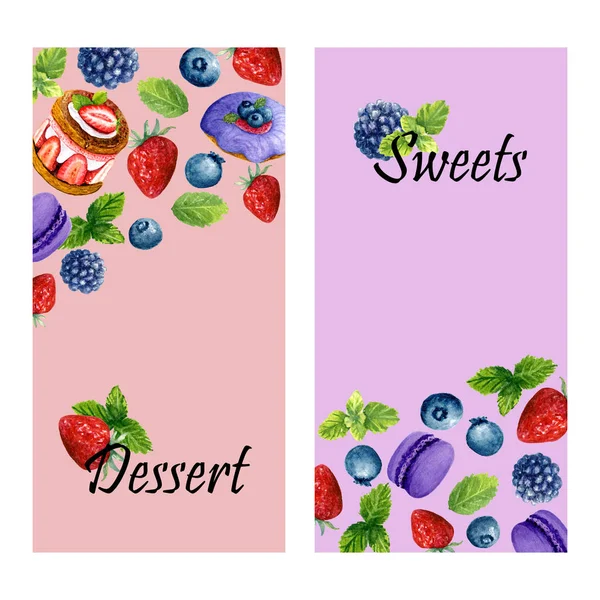 Suluboya tatlı tatlılar, nane ve metin için yer ile iki dikey afiş ayarlayın. Çörek, kek, makarna ve çilek ile şablonlar — Stok fotoğraf