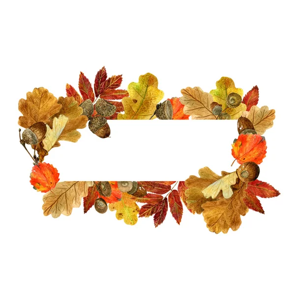 Marco rectangular acuarela con hojas de otoño y bayas. Fondo con follaje de otoño, bellotas y lugar para el texto —  Fotos de Stock