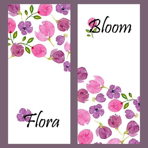 Uppsättning av två vertikala banners med akvarell Lila blomma och plats för text. Mallar med blommiga Violetta mönster — Stockfoto