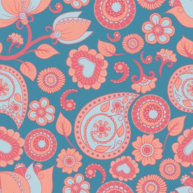 Vektör sorunsuz doku. Etnik hint kalamkari süs. Çiçek paisley dekoratif desen