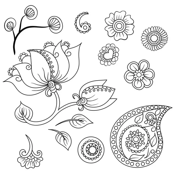 Vector set van Indiase folk sierelementen. Verzameling van voorwaarden voor creatief ontwerp. Etnische kalamkari ornament — Stockvector