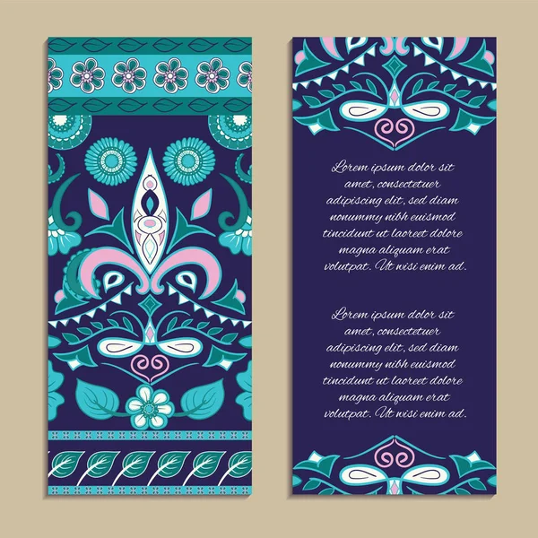 Conjunto vectorial de coloridos banners verticales para negocios e invitaciones. Adorno kalamkari étnico indio. Paisaje floral patrón decorativo — Archivo Imágenes Vectoriales